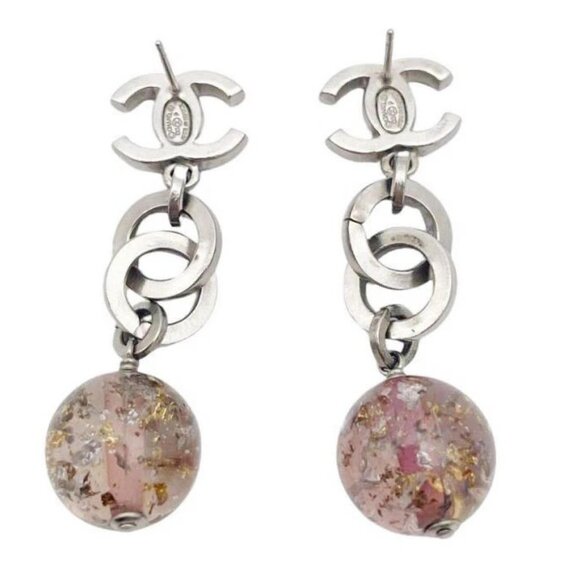 CHANEL CC Logos Drop Clear Pink Ball Stud Earrings Silver Tone 06P Auth D-t104 - Picture 3 of 14